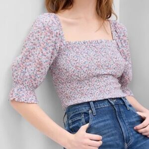 GAP Floral Smoked Peplum Square Neck Blouse - Pink and Blue